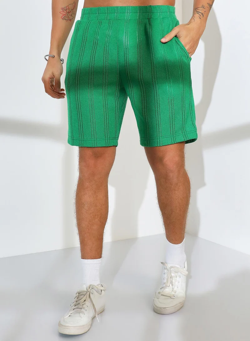 Campus Sutra Men's Shamrock Green Stripe-Knit Co-Ord Set