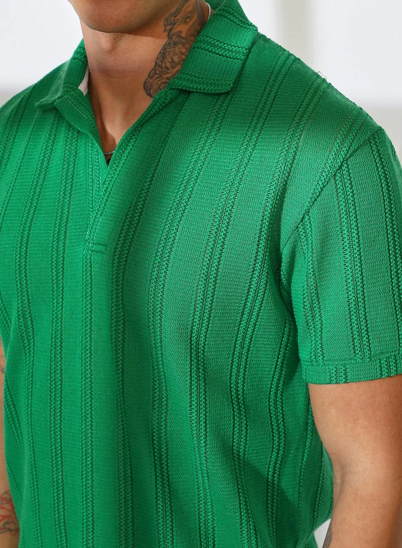 Campus Sutra Men's Shamrock Green Stripe-Knit Co-Ord Set