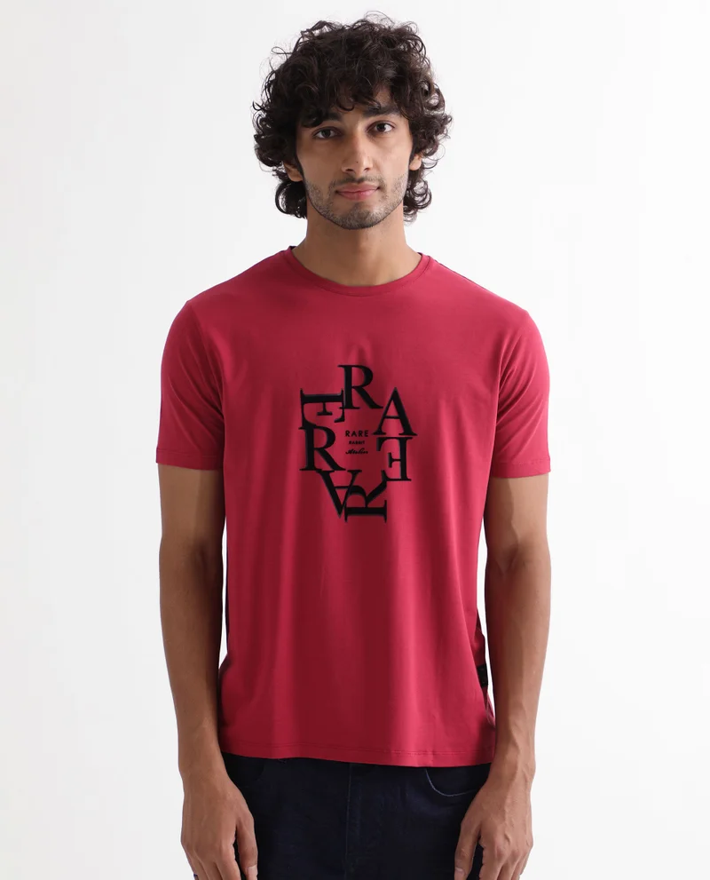 Rare Rabbit Rare Rabbit Men'S Burma Red T-Shirt Cotton Lycra Fabric Short Sleeves Round Neck Slim Fit