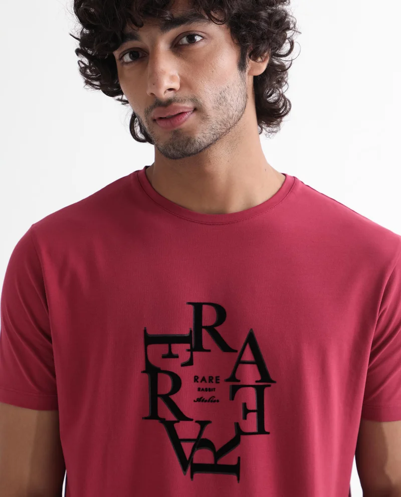 Rare Rabbit Rare Rabbit Men'S Burma Red T-Shirt Cotton Lycra Fabric Short Sleeves Round Neck Slim Fit