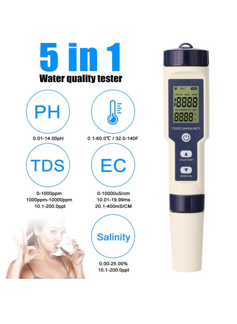 5 in 1 Professional Multi-parameter Combo Testing Meter PH/EC/TDS/Salinity/Thermometer Digital Multi-Function Tester Water Quality Tester - Image 3
