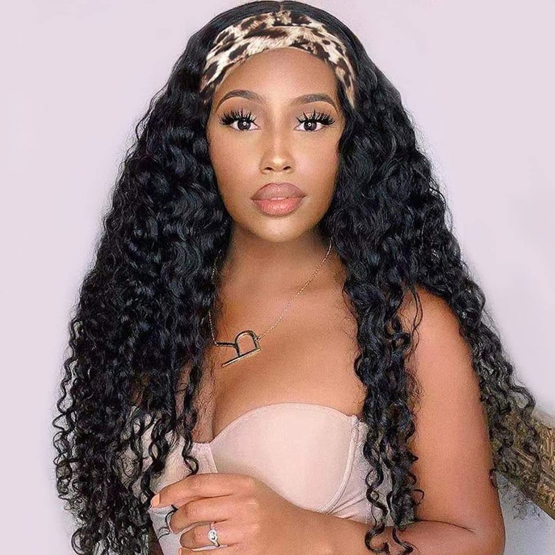 Headband Wig Human Hair Brazilian Deep Wave Headband Human Hair Wigs for Black Women 28 inch Glueless Non Lace Front Wig Machine Made Curly Headband Wig Deep Wave 150 Density Natural Color