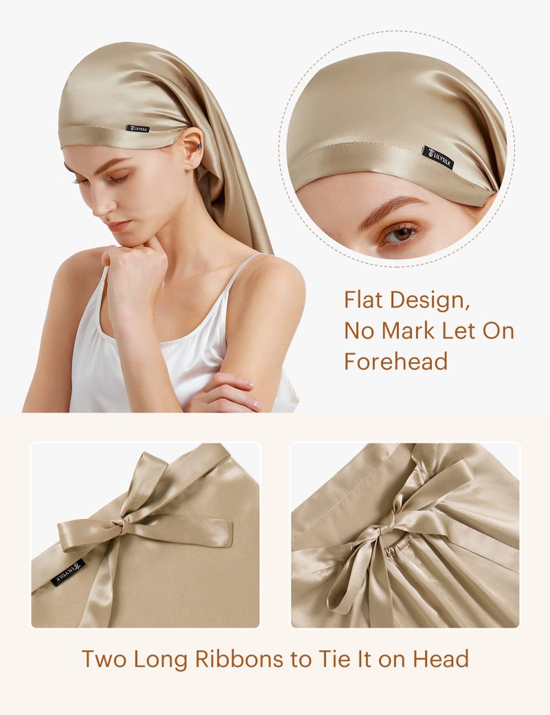 LilySilk غطاء نوم من حرير التوت LILYSILK 100% 19 Momme بونيت حرير طويل للشعر المجعد، غطاء ليلي للنوم، لفافة شعر حرير للنساء بلون القهوة - Image 4