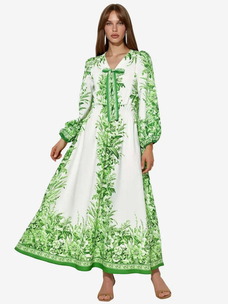 جينيفر Printed V-neck Maxi Dress With Tie Detail