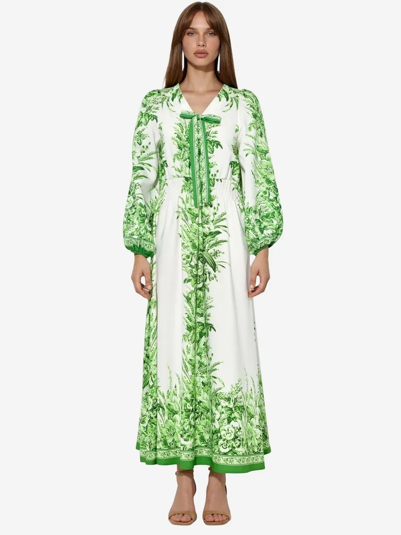 جينيفر Printed V-neck Maxi Dress With Tie Detail