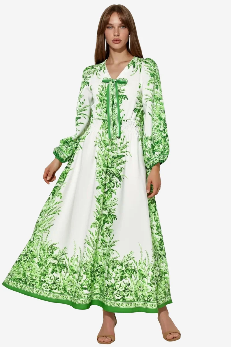 جينيفر Printed V-neck Maxi Dress With Tie Detail