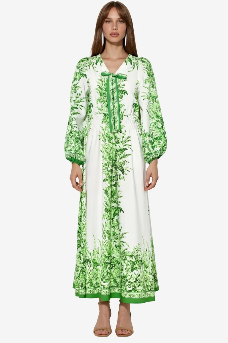جينيفر Printed V-neck Maxi Dress With Tie Detail