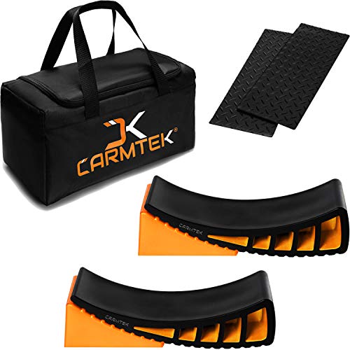 CARMTEK Camper Leveler Premium Kit - Curved RV Levelers with Camper Wheel Chocks, Rubber Mats and Carry Bag | Faster Camper Leveling Than RV Leveling Blocks - Image 1