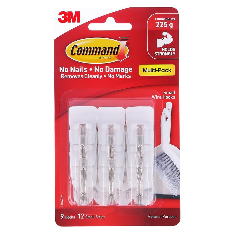 Command 3M Pack 9 Hooks, Holds Upto 225Gms,Removable,Comes Off with No Paint Damage,Small Wire Wall Hooks, Reusable, Adhesive Plastic Hooks for Wall, Multi-Surface Damage Free Hooks (White, 9 Hooks) - Image 1