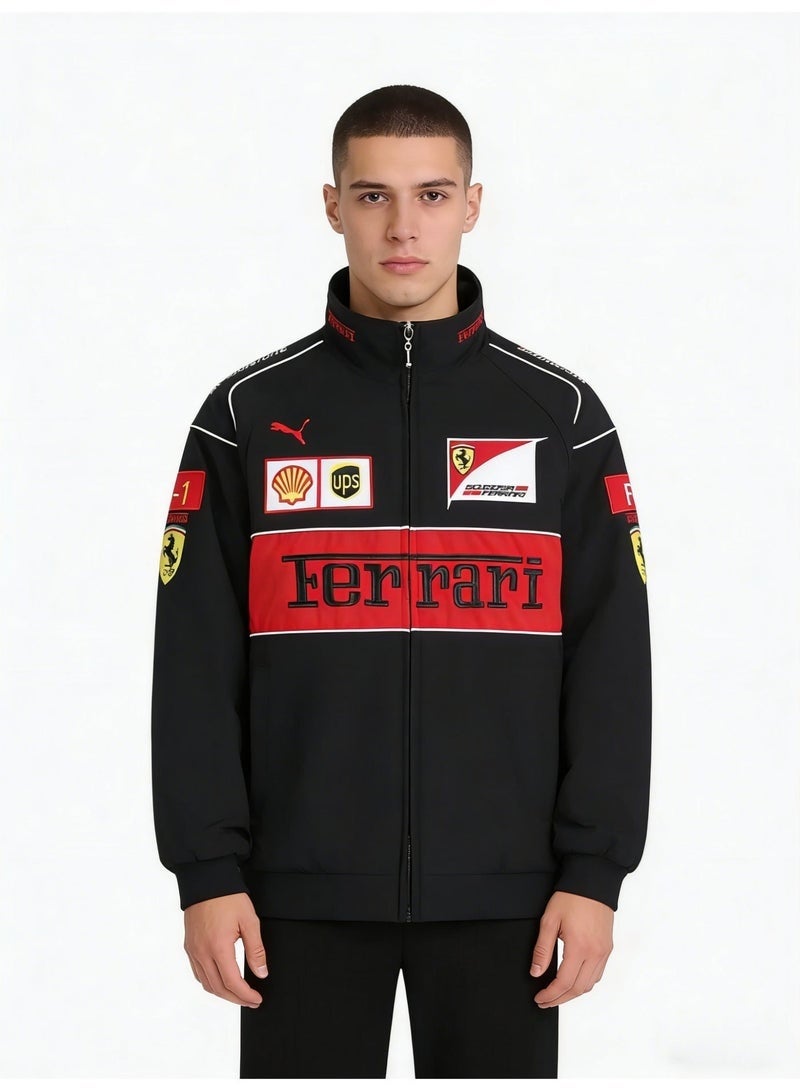 F1 Ferrari x PUMA F1 Racing Jacket - Shell/UPS Sponsor Badges, Black/Red Color Block, Embroidered Logo, Full-Zip Design, Unisex Motorsport Streetwear Coat - Image 3