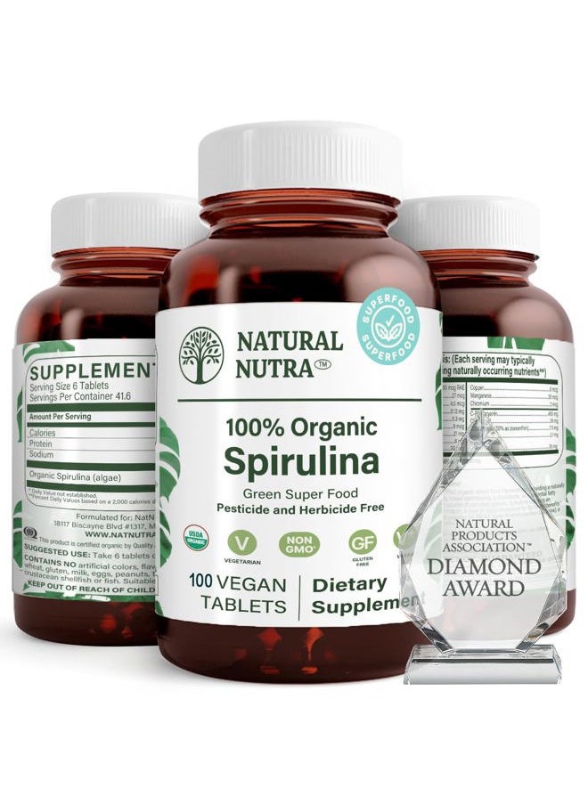 Natural Nutra 100% USDA Organic Spirulina Tablets, Helps Maintain Body Fats, Promotes Liver Health, Promotes Immune System, Helps Improve Metabolism, Promotes Immunity, 300mg, 100 Vegan Tablets  - Image 1