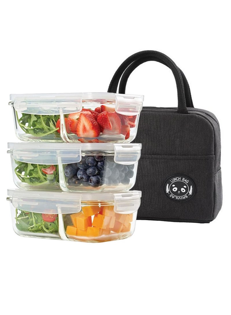 حاويات تخزين زجاجية متعددة الأغراض مع حقيبة الغداء ، مقسمة 2 مقصورات ، حاويات مع أغطية قفل ، تخزين زجاجي ، حاوية إعداد الوجبات مع غطاء مضاد للهواء (3 حزمة ، 3 * 700 مل) - Image 2