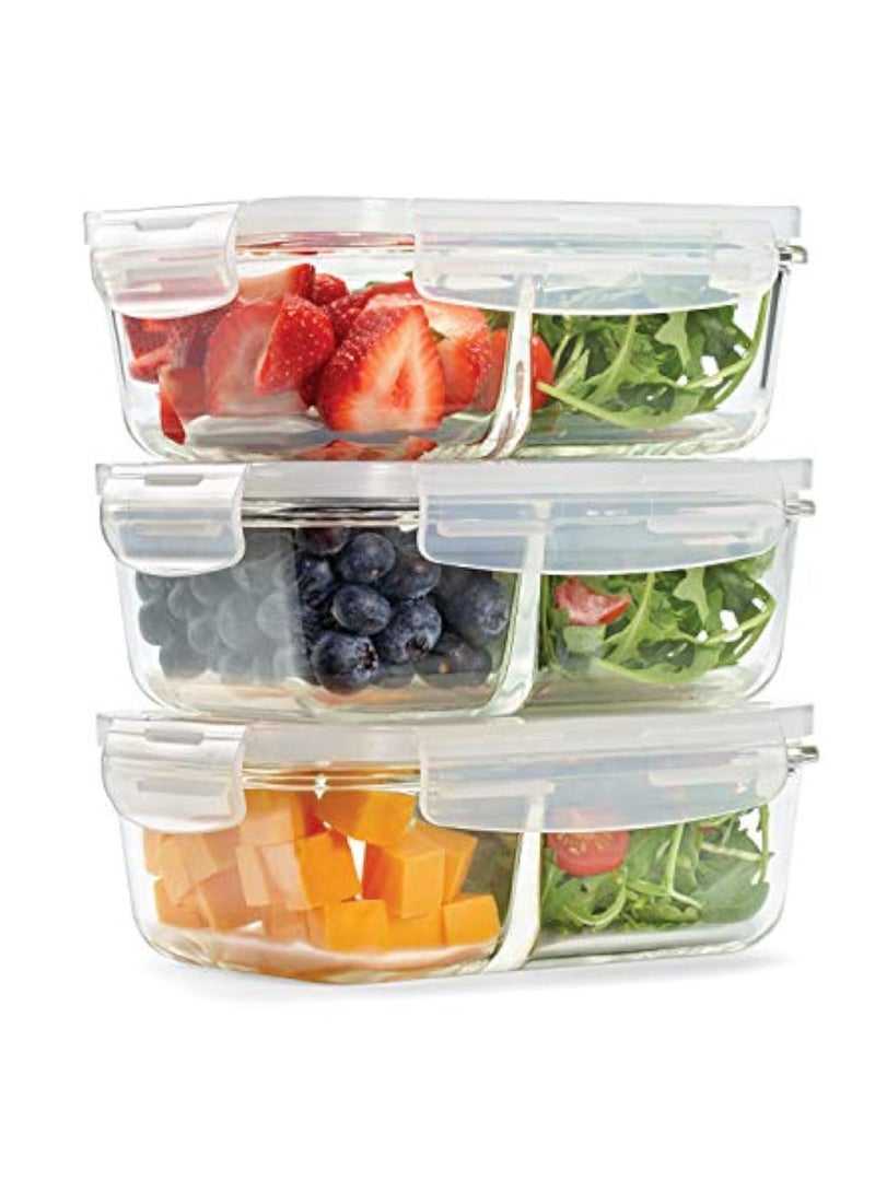 حاويات تخزين زجاجية متعددة الأغراض مع حقيبة الغداء ، مقسمة 2 مقصورات ، حاويات مع أغطية قفل ، تخزين زجاجي ، حاوية إعداد الوجبات مع غطاء مضاد للهواء (3 حزمة ، 3 * 700 مل) - Image 3