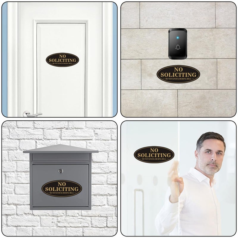 MongFun No Soliciting Sign, No Solicitors Sign for Front Door, 2 Pack Self-Adhesive Aluminum Metal No Solitation Do Not Knock or Ring Bell Signs, 7.0 x 3.0 inches Weather Resistant Signs for Home Doorbell Business Outside (Black/Gold) - Image 3
