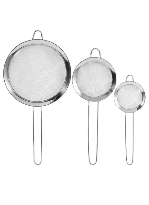 Tea Strainers Set Fine Mesh Sieve with Long Handle Kitchen Colander Filter No Sharp Edges Small Medium Large Sizes for Tea Coffee Powder