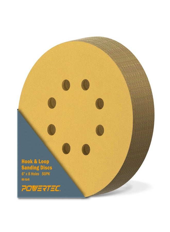 باورتيك أقراص صنفرة باورتيك 50 قطعة بحبيبات 80 - 6 بوصات، 8 فتحات، خطافية وحلقة، وسادات صنفرة 6 بوصات للسيارات، والجدران الجافة، والأعمال الخشبية مع صنفرة مدارية، وصنفرة DA، وصنفرة هوائية (44208G-50) - Image 1