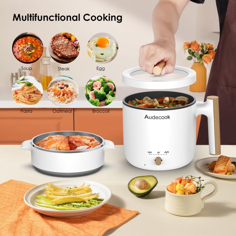 Audecook Hot Pot Electric with Steamer, 1.8L Portable Mini Travel Cooker, Multifunctional Non-Stick Electric Skillet for Stir Fry/Stew/Steam, Perfect for Ramen Noodles/Pasta/Egg/Soup/Oatmeal (White) - Image 2