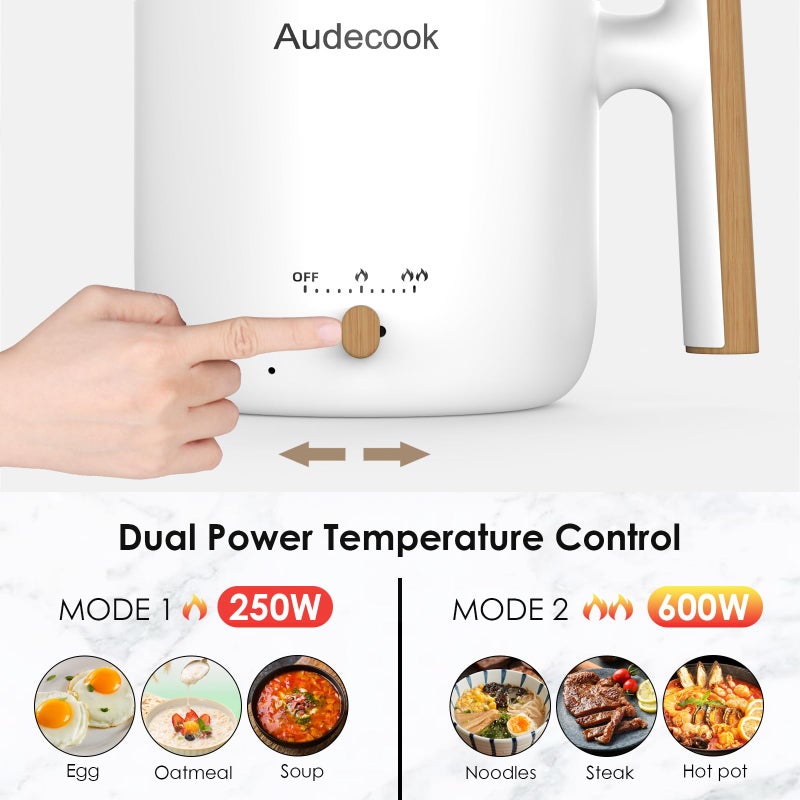 Audecook Hot Pot Electric with Steamer, 1.8L Portable Mini Travel Cooker, Multifunctional Non-Stick Electric Skillet for Stir Fry/Stew/Steam, Perfect for Ramen Noodles/Pasta/Egg/Soup/Oatmeal (White) - Image 3