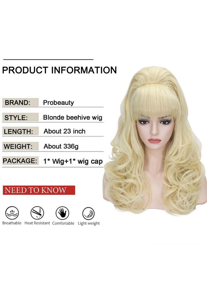 Probeauty Long Wave Blonde Bouffant Beehive Wigs Big Curly Wavy Retro Wigs For Women 70S 80S Costume 23 Inch  - Image 3