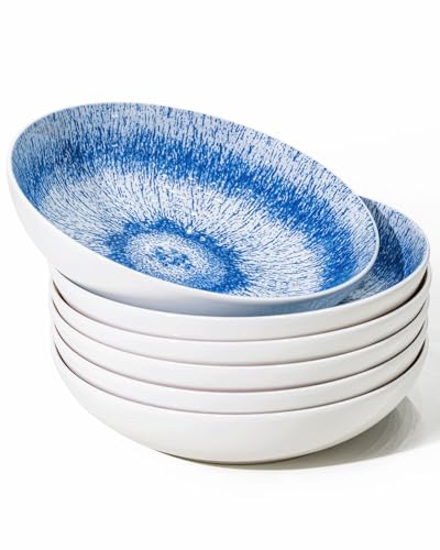 Yeacccng Pasta Bowls Set of 6, 8.7 Inch 39 Oz Colorful Reactive Glaze Ceramic Bowls, Modern Farmhouse Style, Lead-Free Cadmium-Free, Dishwasher Microwave Oven Safe, Scratch-Resistan (Blue) - Image 1