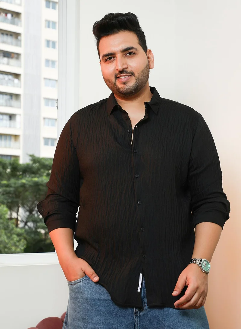 Instafab Plus Instafab Plus Men's Onyx Black Solid Creased-Tactile Shirt | Spread Collar , Long Cuffed Sleeves , Button Closure , Curved Hemline | Solid Creased Polyester Blend Material For Street & Casual Wear