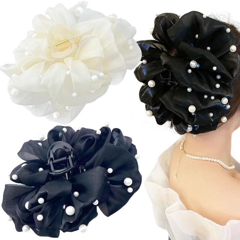 Jaczora 2 PCS Chiffon Silk Hair Clip Large Pearl Hair Clip with Bows Hair Accessories for Women Girls