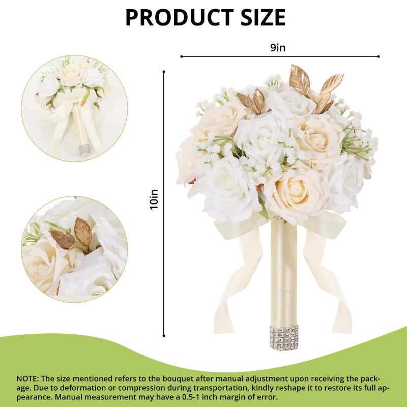 Qeedy Wedding Bouquets for Bride - Realistic Silk Flowers Artificial Roses, 9 Inch Bridesmaid Bouquet for Ceremony, Church, Anniversary, and Home Decoration (White & Champagne) - Image 3
