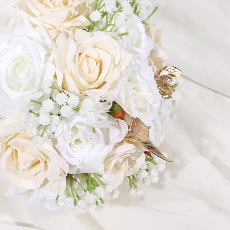 Qeedy Wedding Bouquets for Bride - Realistic Silk Flowers Artificial Roses, 9 Inch Bridesmaid Bouquet for Ceremony, Church, Anniversary, and Home Decoration (White & Champagne) - Image 5