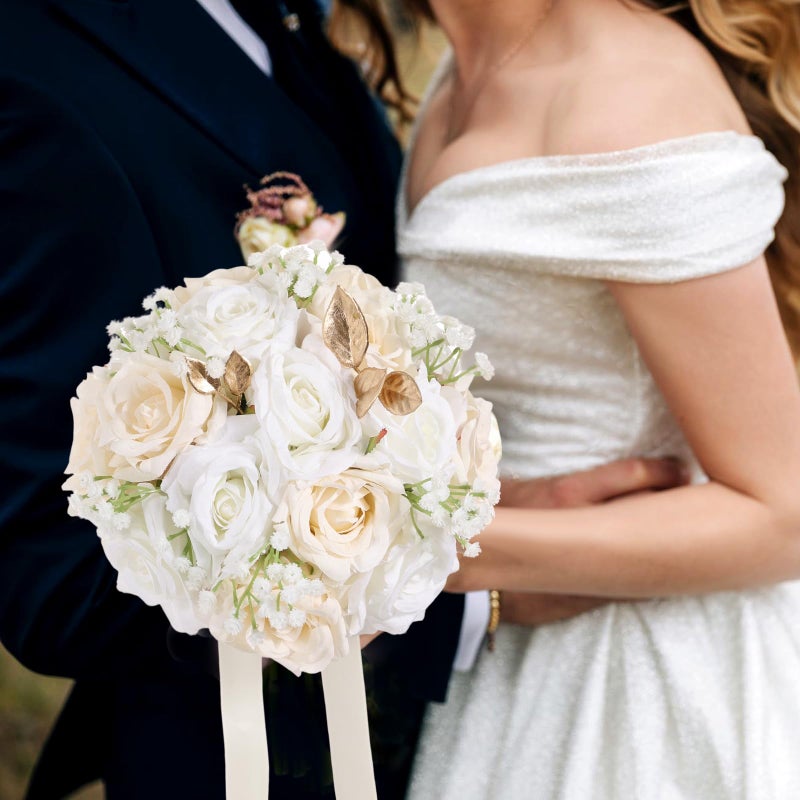 Qeedy Wedding Bouquets for Bride - Realistic Silk Flowers Artificial Roses, 9 Inch Bridesmaid Bouquet for Ceremony, Church, Anniversary, and Home Decoration (White & Champagne) - Image 4