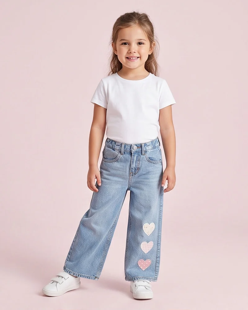 REDTAG Girls Light Wash Heart Applique Wide Leg Jeans