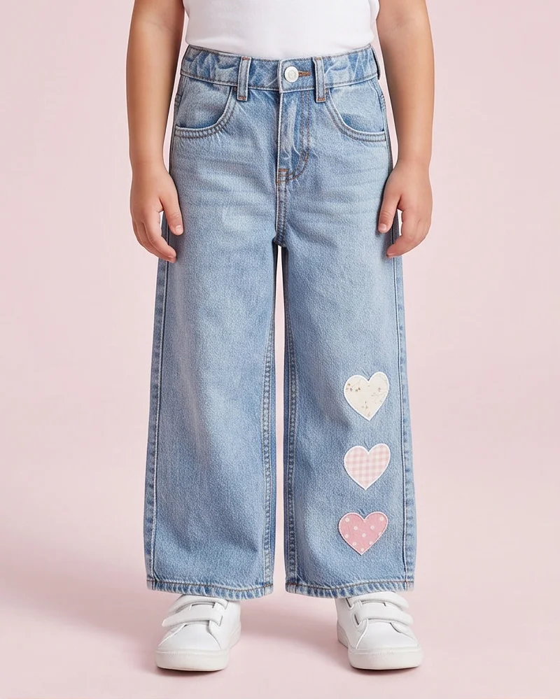 REDTAG Girls Light Wash Heart Applique Wide Leg Jeans