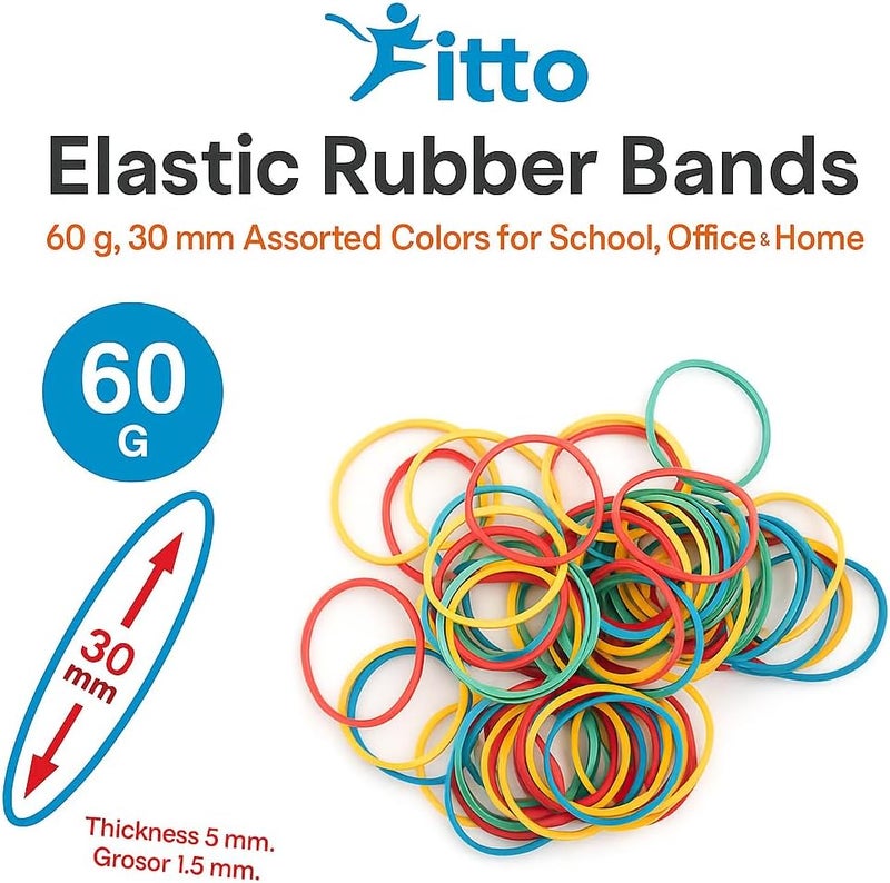 Fitto Elastic Rubber Bands 60g, 30mm Assorted Colors for School, Office & Home - Image 2