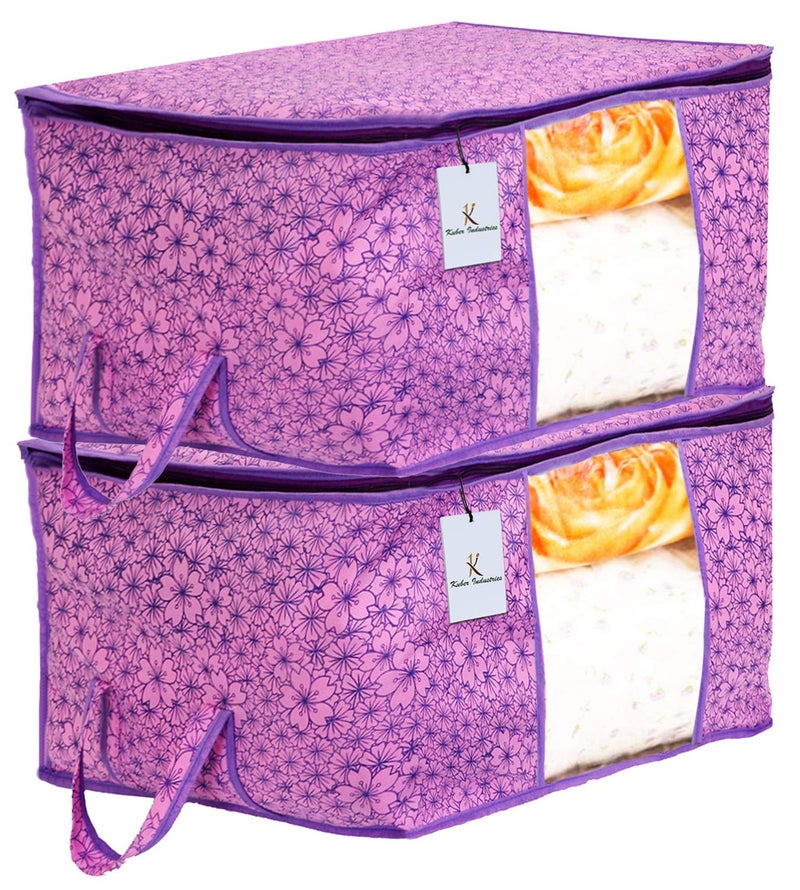 Kuber Industries Metallic Flower Design Non Woven Underbed Storage Bag Organiser Blanket Cover Pink and Purple Standard CTKTC034563 2 Pieces - Image 1