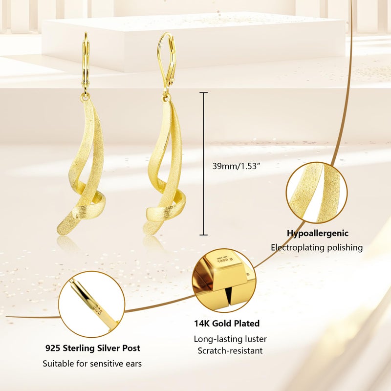 ALEXCRAFT Gold Dangle Earrings, ALEXCRAFT Hypoallergenic 14K Gold Plated Long Twisted Brushed Double Lines Dangling Drop Leverback Earrings for Women Trendy Elegant Lightweight Statement Twisted Dangle Earring - Image 3