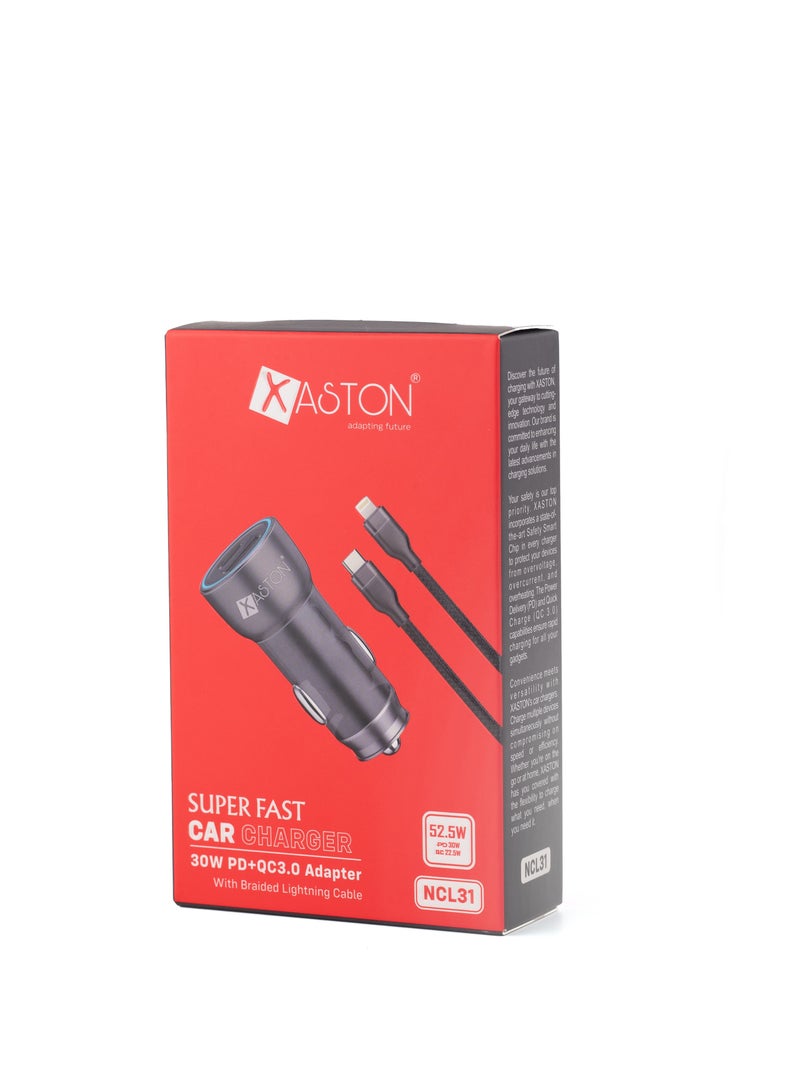 XASTON Super Fast Car Charger 30W PD + 22.5W QC3.0 Adapter with Braided Lightning Cable - NCL31 - Image 2