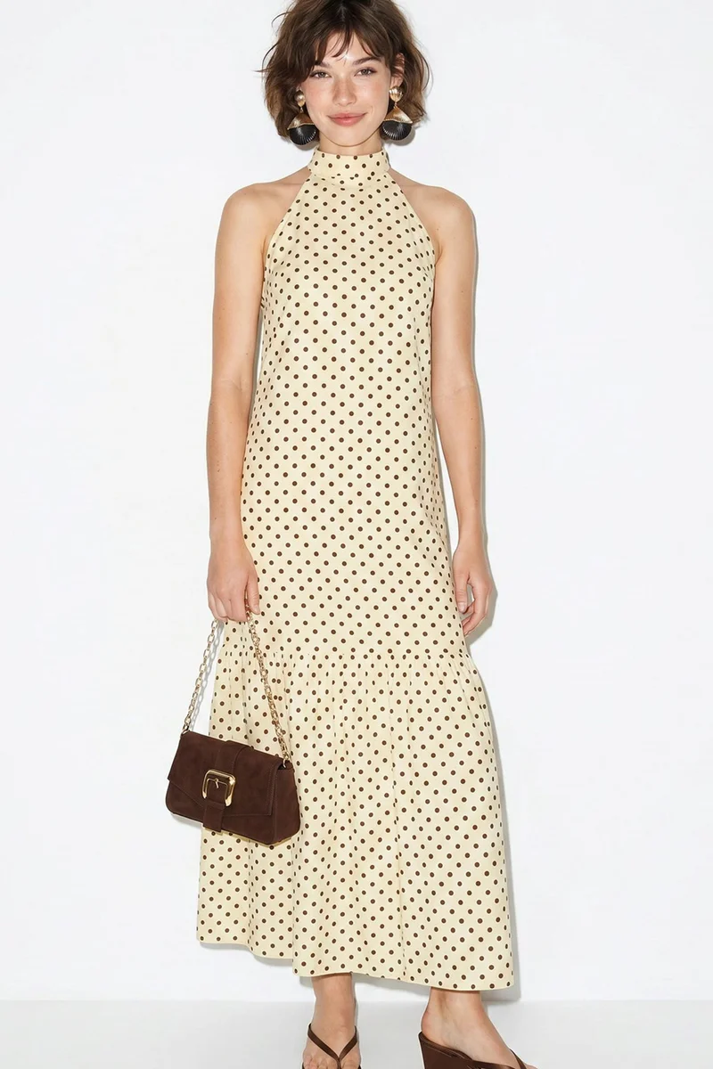 بيانكو لوتشي LUCCI Halter Polka Dot A-Line Maxi Dress