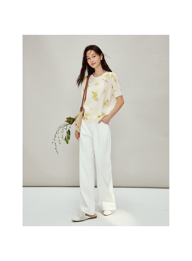 Inman Romantic Gradient Floral Print Crew Neck Knit Top Spring New Women's Short Sleeve Shirt White Base Yellow Flowers XL - Image 2