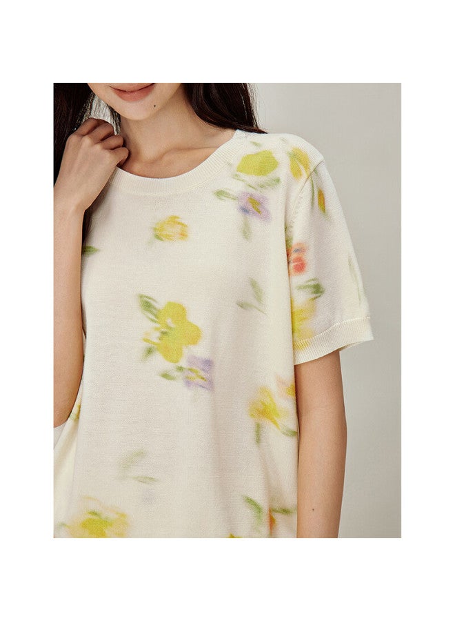 Inman Romantic Gradient Floral Print Crew Neck Knit Top Spring New Women's Short Sleeve Shirt White Base Yellow Flowers XL - Image 1