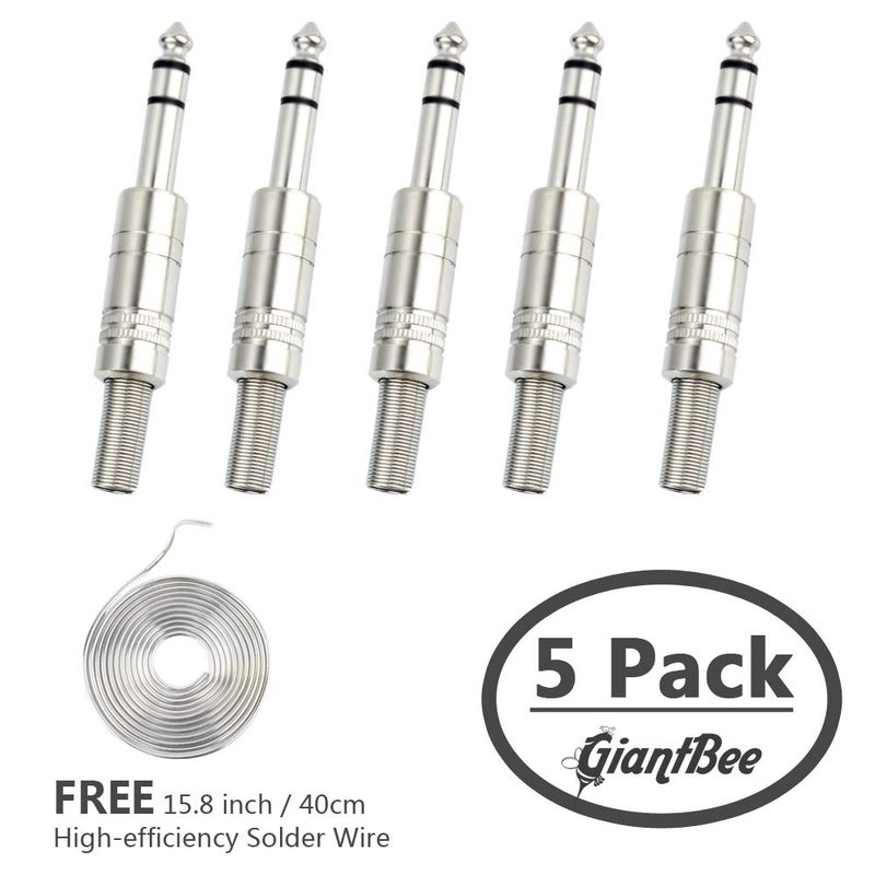 GiantBee 1/4" Audio Plugs 6.35 mm Plug TRS Male 1/4 inch Solder Type Stereo Plug Straight Design Connector with Spring for DJ Mixer Speaker Cables Guitar Cables Phono Patch Cable Microphone Cables (5 Pack) - Image 2