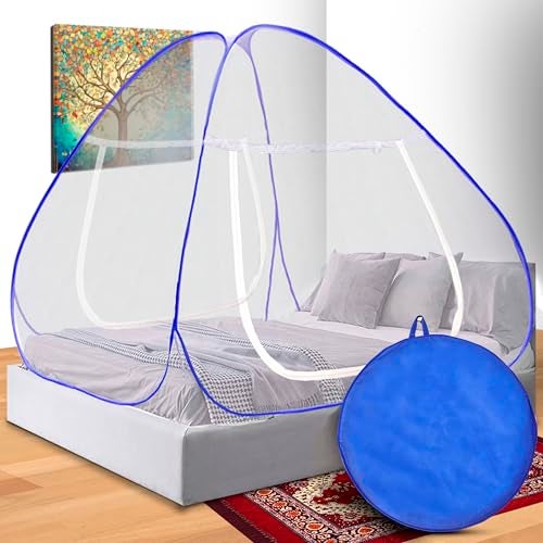 KARP Mosquito Net for Double Bed | Foldable Machardani | Polyester 30GSM Strong Net |PVC Coated Corrosion Resistant Steel Wire (Single Size Bed-Blue) - Image 1