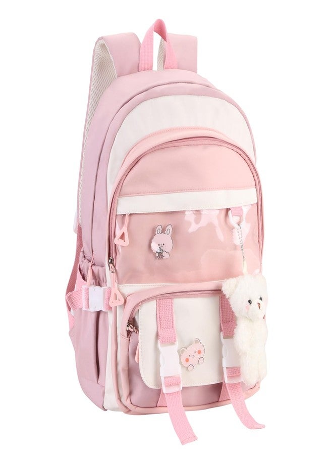 Phaoullzon حقيبة ظهر Phaoullzon Kawaii للبنات، حقيبة كتب جمالية، حقيبة ظهر أنمي لطيفة للمدرسة مع دبابيس وقلادة، لون وردي (سحاب وحزام مطوران) - Image 1