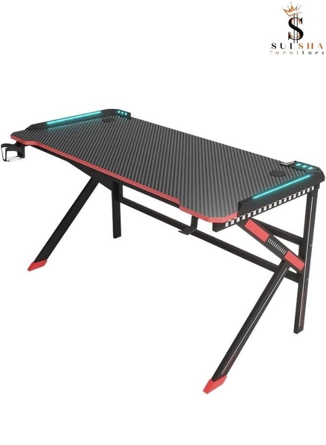 SULSHA Gaming Desk with LED RGB RC Light,Ergonomic Computer and Gaming Table K Shaped for Pc, Workstation, Home, Office with Carbon Fiber Surface,Cup Holder and Headphone Hook - Image 2