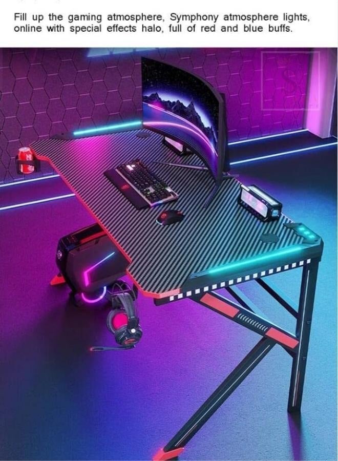 SULSHA Gaming Desk with LED RGB RC Light,Ergonomic Computer and Gaming Table K Shaped for Pc, Workstation, Home, Office with Carbon Fiber Surface,Cup Holder and Headphone Hook - Image 3