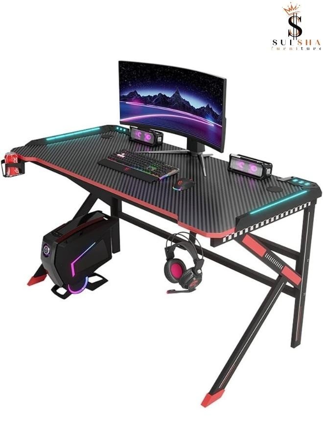 SULSHA Gaming Desk with LED RGB RC Light,Ergonomic Computer and Gaming Table K Shaped for Pc, Workstation, Home, Office with Carbon Fiber Surface,Cup Holder and Headphone Hook - Image 1