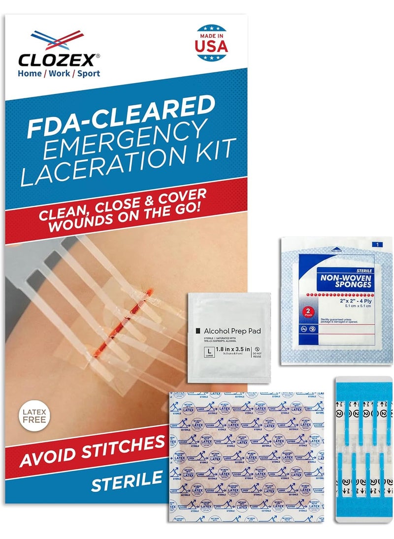 Clozex Clozex Emergency Laceration Kit - Repair Wounds Without Stitches, FSA HSA Eligible Skin Closure Device for a Wound Up to 1 1/2 Inches Length. Complete Kit to Clean, Close, & Cover Wounds 