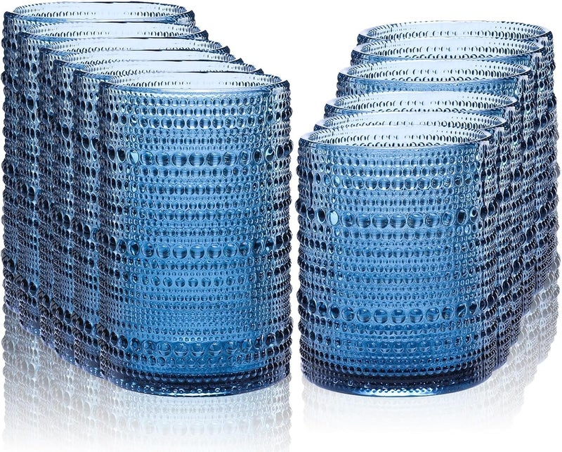 GOROGILE Vintage Blue Hobnail Drinking Glasses with Straws, 15oz & 12oz Embossed Highball Glassware for Cocktails, Whiskey, Beer, Juice(Set of 12) - Image 1