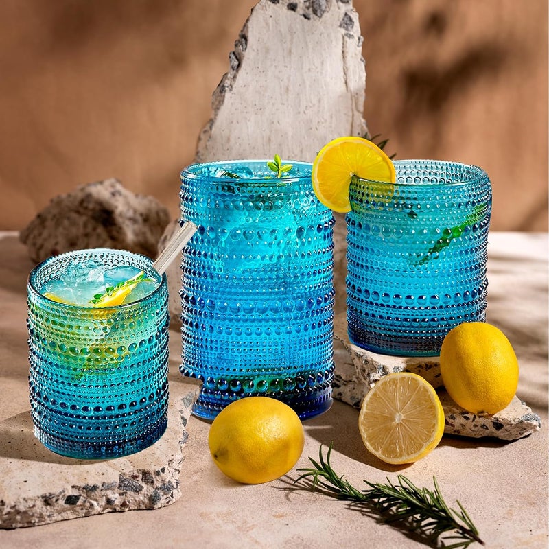 GOROGILE Vintage Blue Hobnail Drinking Glasses with Straws, 15oz & 12oz Embossed Highball Glassware for Cocktails, Whiskey, Beer, Juice(Set of 12) - Image 4