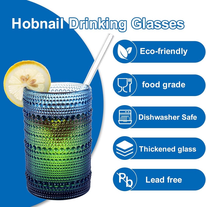 GOROGILE Vintage Blue Hobnail Drinking Glasses with Straws, 15oz & 12oz Embossed Highball Glassware for Cocktails, Whiskey, Beer, Juice(Set of 12) - Image 3