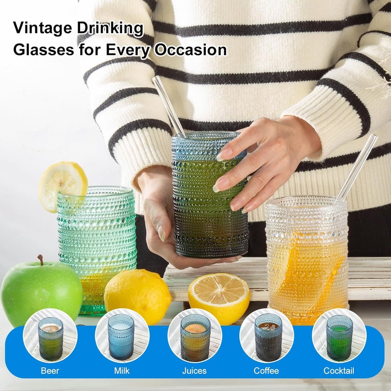 GOROGILE Vintage Blue Hobnail Drinking Glasses with Straws, 15oz & 12oz Embossed Highball Glassware for Cocktails, Whiskey, Beer, Juice(Set of 12) - Image 5
