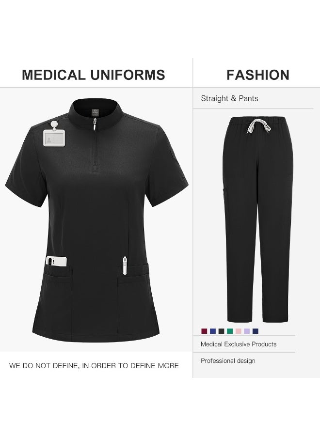 Loquat Womens Medical Scrubs Set Medical Uniform Set Black - Image 1
